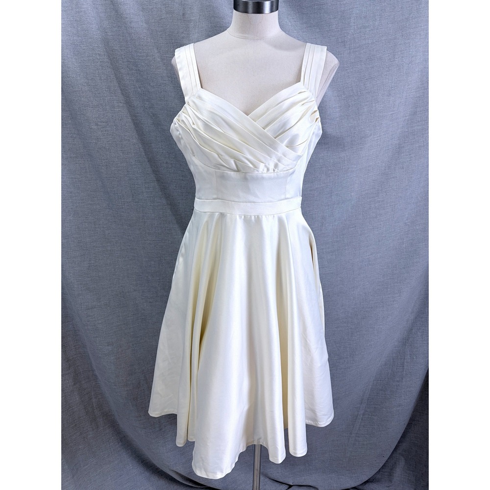 ModCloth Ivory Satin Sweetheart Fit Flare Mini Dress Pockets Bridal Rehearsal L